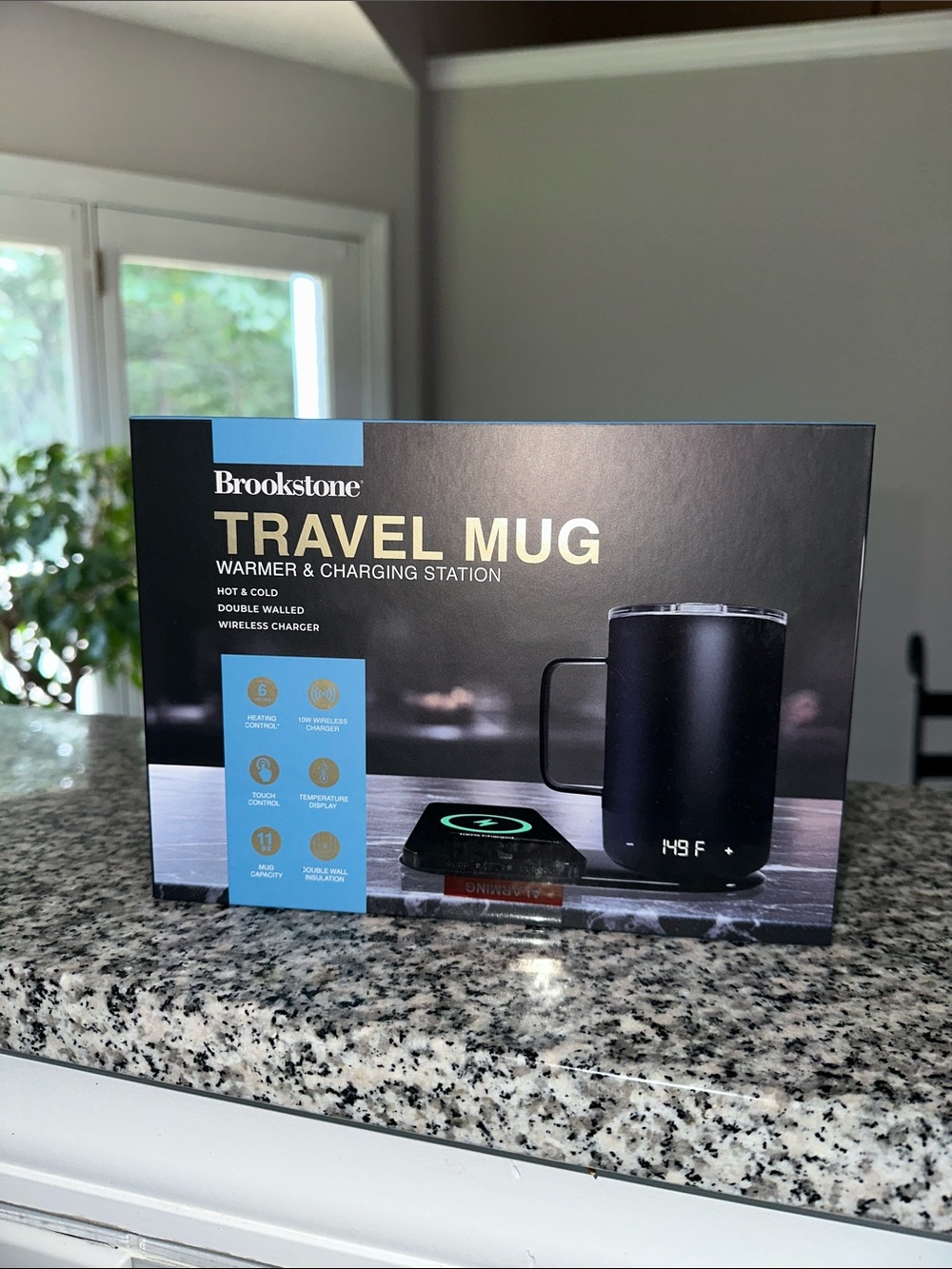 Brand New Brookstone Black Travel Mug Warmer & Wireless Charging Station